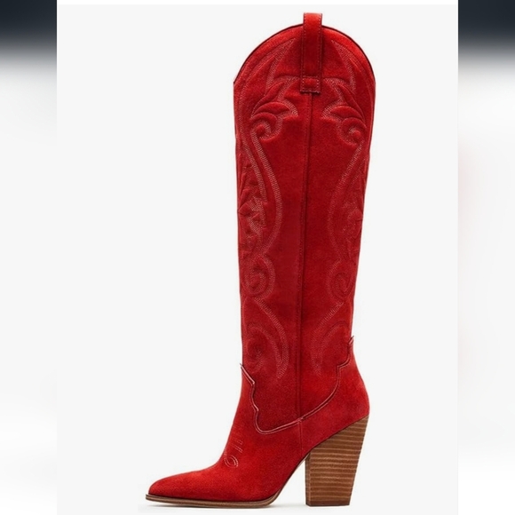 Red Suede Knee-High Boots - Picture 3 of 16